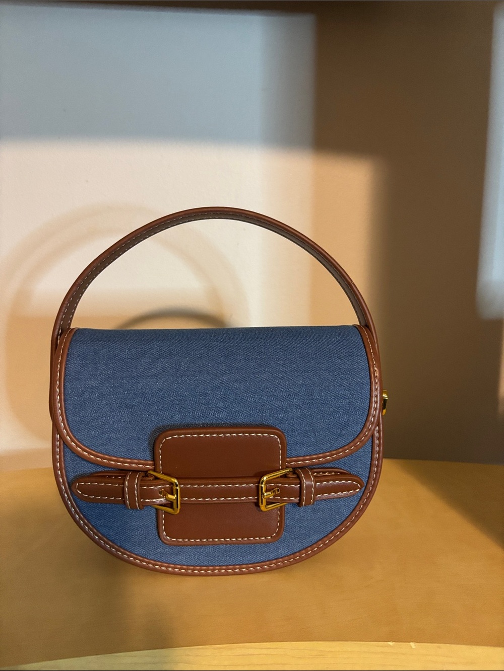 Blue and Brown Leather-Trim Saddle Bag